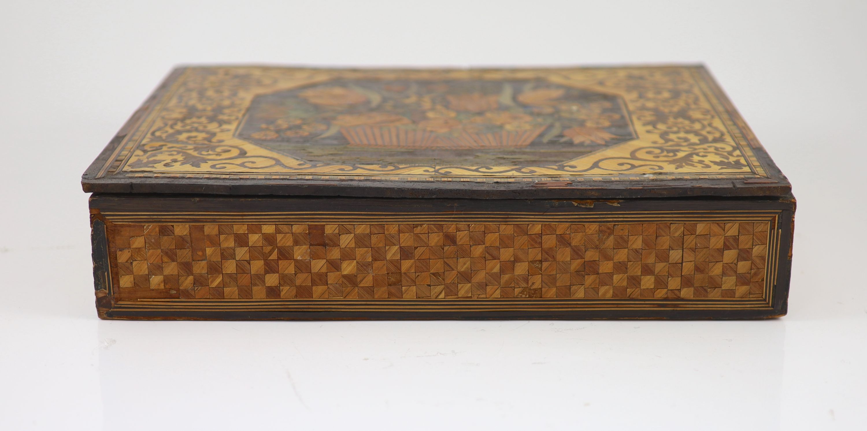 A 19th century coloured straw work box and detachable cover